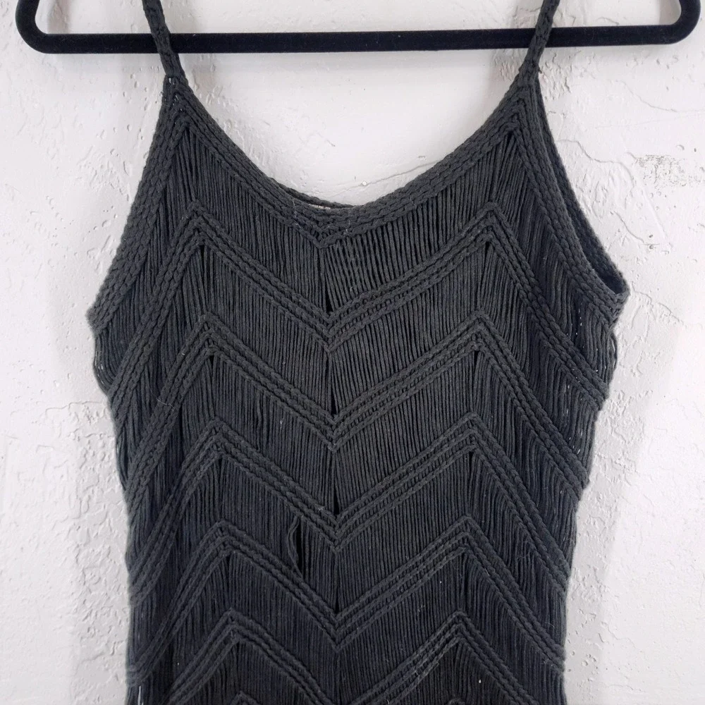 1st Class L/XL | Black Chevron Crochet Fringe Boho Festival Tank Top Women